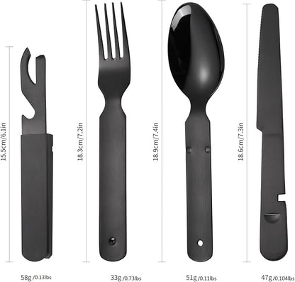 Portable Silverware Black Flatware Camping Cutlery Stainless Steel Spoon Fork Knife and Bottle Opener 4 Pieces Utensil Outdoor Travel Foldable Easy to Clean