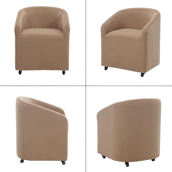 Modern Barrel Dining Chair with Rolling Casters, Upholstered Velvet Swivel Dining Room Chair with Wheels for Kitchen Living Room Home Office, Khaki