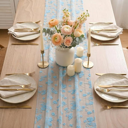 Artoid Mode Light Blue Gauze Flocking Flowers Table Runner 10FT, Spring Sheer - Image 3