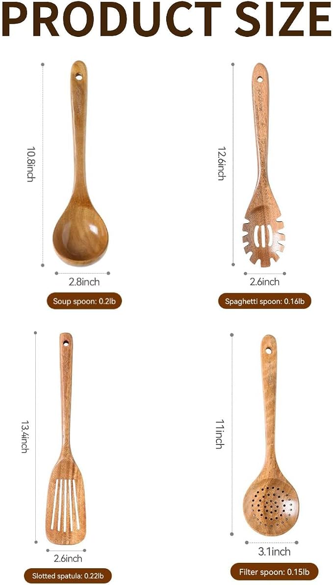 Acacia Wooden Utensil Set, 4 Piece Wood Kitchen Utensils | Includes Spaghetti - Image 4