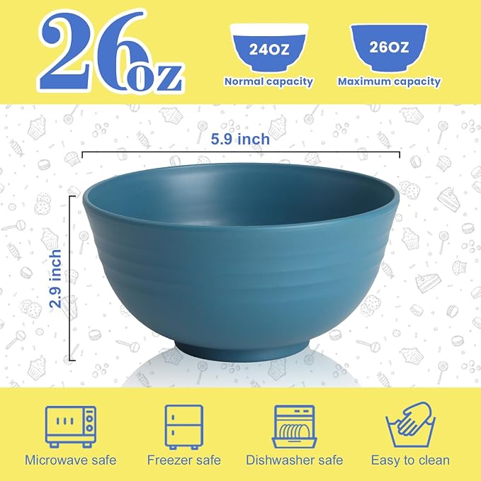 26 OZ Wheat Straw Bowls Set of 6, Reusable Plastic Kitchen Bowls, Unbreakable - Image 3