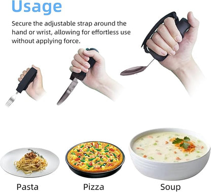 Adaptive Utensil Set for Elderly Parkinsons Stroke Patients, Non-Slip Grip with Hand Strap for Hand Tremors & Muscle Weakness, 3PCS Heavy Stainless Steel Spoon Fork Knife