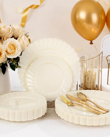 YOUBET 100PCS Ivory Scalloped Plastic Plates - Image 5