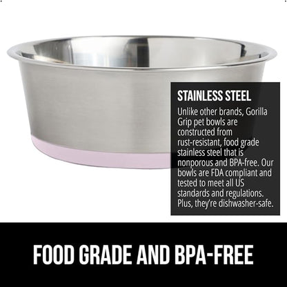 GORILLA GRIP Dog Bowls, Holds 1 Cup Each (8 fl oz), Heavy Duty Stainless Steel Food and Water Bowl for Feeding Dogs and Cats, Dishwasher Safe, Rust Resistant Metal, BPA Free Rubber Base, Set of 2 Pink