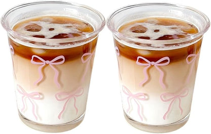 2 Pack 12 OZ Cute Bow Glass Cup French Drinking Glasses | Thick Sturdy by yaocoral