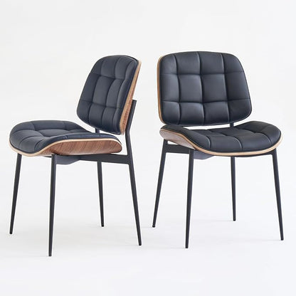 Mid Century Modern Dining Chairs with Walnut Grain Back, Black Faux Leather Dining Room Chairs Set of 4, Checkered Soft Cushion Kitchen Chairs with Adjustable Foot Pads