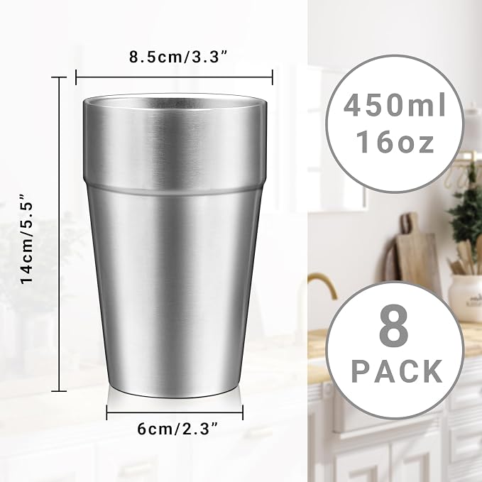 Double Wall Cup Stainless Steel, 16 oz Insulated Tumbler, 8 Pack Unbreakable - Image 2