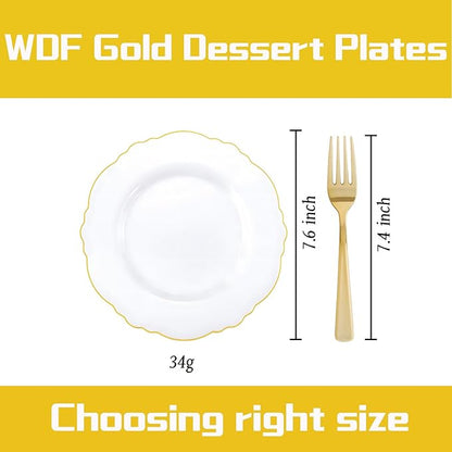 WDF 60pcs Gold Dessert Plates-7.5inch Baroque White and Gold Small Plastic Plates/Disposable Dessert/Salad/Appetizer Plastic Plate for Upscale Bridal Shower/Wedding/Birthday