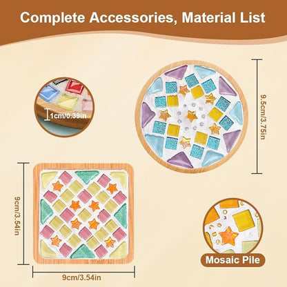 Adboros 10 Sets DIY Glass Mosaic Tiles for Crafts Mixed Color Mosaic Kits with Wooden Coaster for Adults Bamboo Coaster for Drinks Tray Handmade Home Decoration