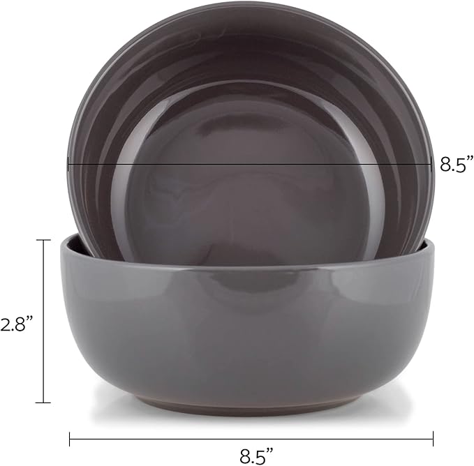 Elanze Designs Bistro Glossy Ceramic 8.5 inch Large Serving Bowls Set of 2 - Perfect for Multiple Everyday Uses: Pasta, Salad, Ramen, Soup, Popcorn, Noodles, Cereal and Mixing Bowls, Charcoal Grey