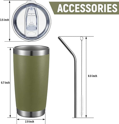 COMOOO 20oz Tumbler Bulk Double Wall Vacuum Insulated Travel Mug, Stainless Steel Tumbler with Lid and Straw Durable Powder Coated Insulated Coffee Cup for Cold & Hot Drinks (Army Green, 4 Pack