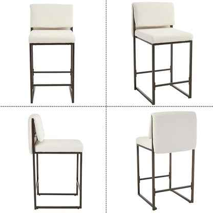 Modern Barstools Set of 2, 26” Upholstered Counter Height Bar Stools Sherpa Fabric Counter Stools with Padded Back Metal Frame for Kitchen Island Dining Room, White