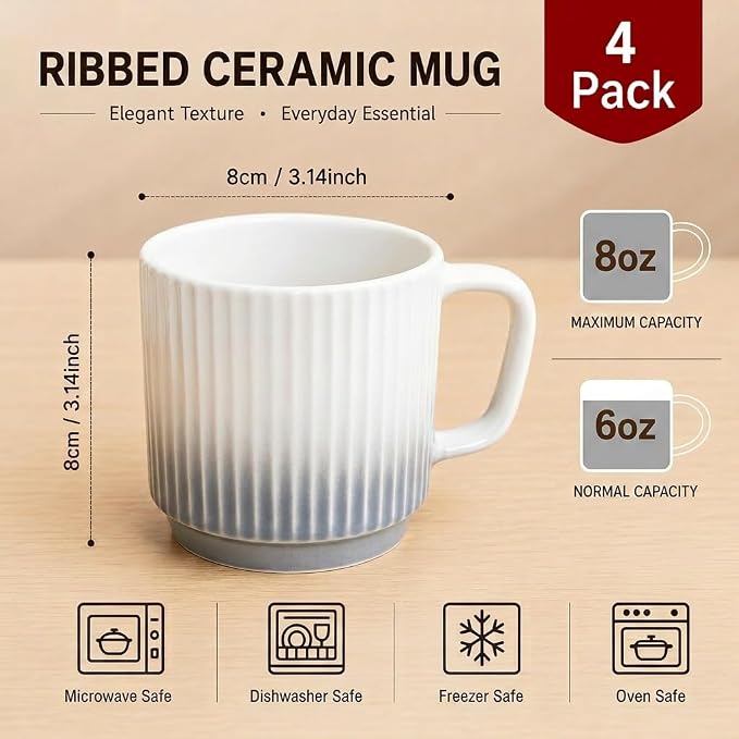 8 oz Stackable Coffee Mugs Set of 4, Ceramic Coffee Mug Cappuccino Cups | - Image 2