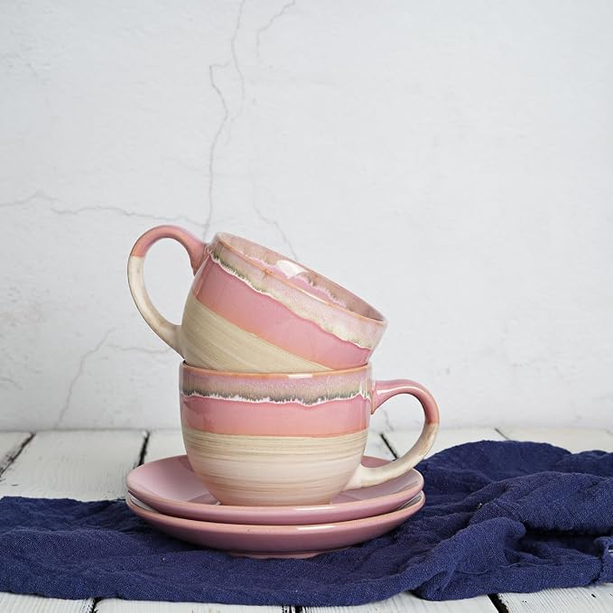 Bosmarlin Ceramic Cappuccino Cup and Saucer Set of 2, 10 Oz, Coffee Cups - Image 6