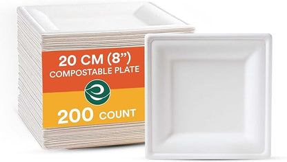 ECO SOUL Pearl White Square Paper Plates (200, 8 Inch)