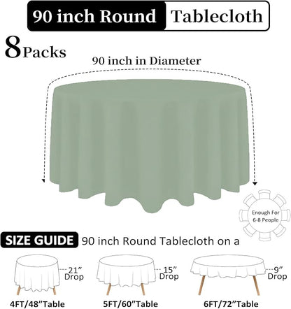 8 Pack Sage Green Round Tablecloth 90 Inch Stain and Wrinkle Resistant Round Sage Green Table Cloth Reusable and Washable Polyester Fabric Table Covers for Buffet Wedding Party and Banquet