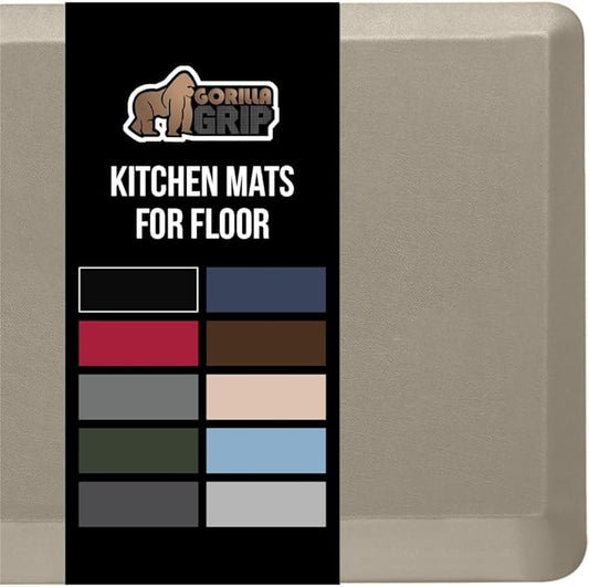 GORILLA GRIP Comfortable Cushioned Kitchen Mats for Floor, 48x20, Waterproof and Stain Resistant Soft Top, 3/4 Inch Thick Ergonomic Standing Desk Anti Fatigue Mat, Foam Supports Ankles and Feet, Taupe