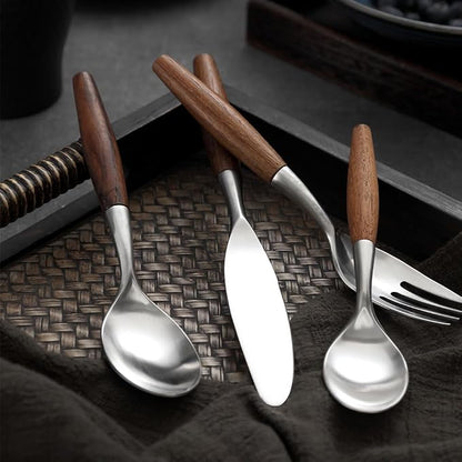 5-Piece Teak Retro Nordic 304 Stainless Steel Flatware Set – Elegant Silverware - Image 2