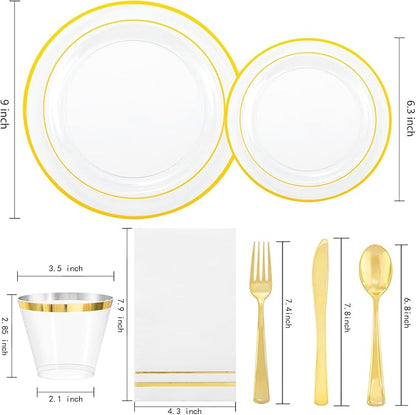 GATHER 350PCS Clear Gold Plastic Plates - Disposable Gold Dinnerware Sets Includes 100 Gold Rim Plastic Plates, 150 Silverware, 50 Napkins, 50 Cups for Party, Wedding