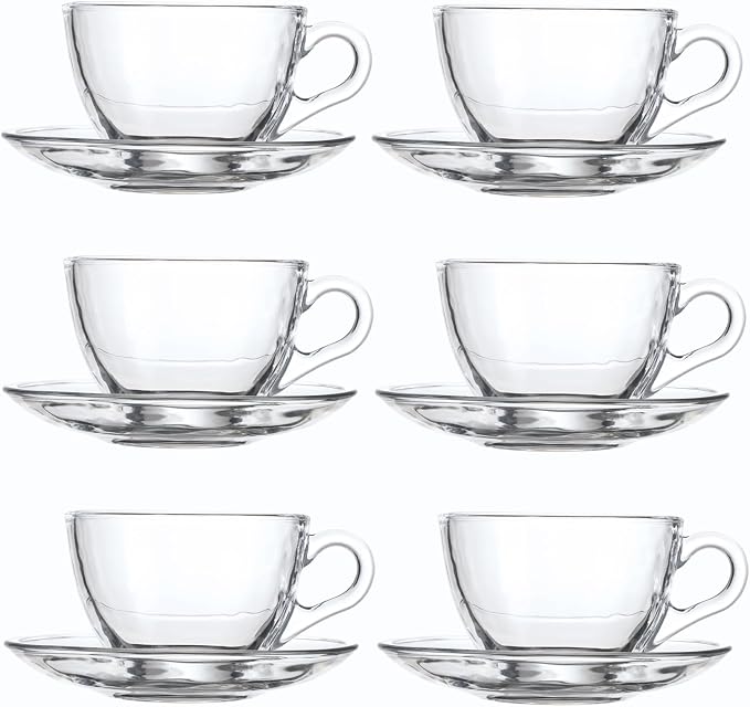 Glass Teacup and Saucer Set, 6 Pack Coffee Mug by GURUDAR