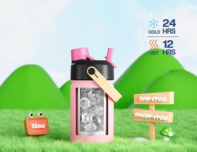 12 oz Kids Water Bottle for Girls: 2-in-1 Straw Spout Lid, Durable Straw Spout - Image 3