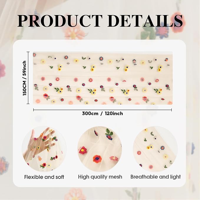 Artoid Mode Champagne Embroidery Daisy Gauze Table Runner 59x120 Inch 10FT | - Image 7