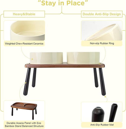 SPUNKYJUNKY Ceramic Elevated Dog Bowls Raised with Acacia Bamboo Wooden Stand, 8.3'' Dog Food Water Bowls Set Non-Slip for Medium Large Sized Breed Microwave Dishwasher Safe - 60 OZ,Beige
