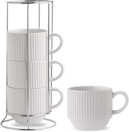 HASENSE 15 oz Ribbed Stackable Coffee Mug Set of 4, Porcelain Latte Cups by Hasense