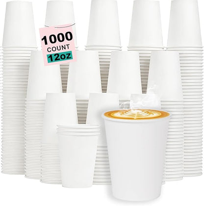 12 oz 1000 Pack Disposable Coffee Cups, Bulk White Disposable Paper Cups, Coffee Cups for Hot Tea, Chocolate and Cold Drinkse