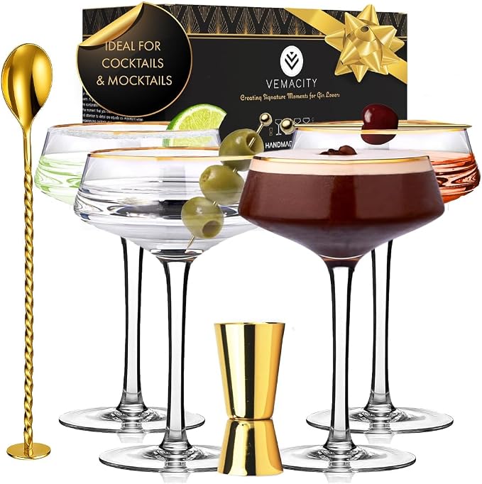 VEMACITY Deluxe Espresso Martini Glasses Set of 4, Bar Tools, Coupe Glasses | by Vemacity