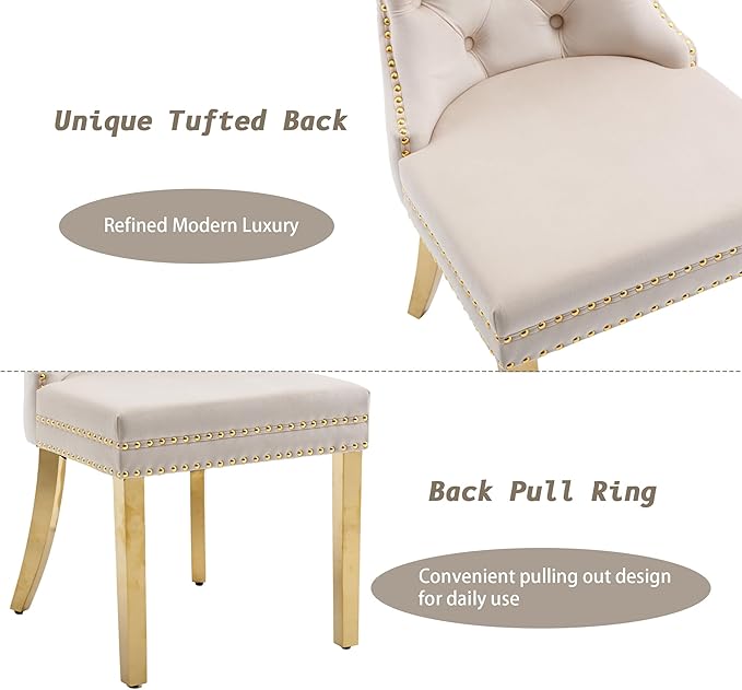 KCC Velvet Dining Chairs Set of 2, Upholstered High-end Tufted Dining Chair with Nailhead Back Ring Pull Trim Stainless Steel Legs, Contemporary Nikki Collection Modern Style for Kitchen, Beige
