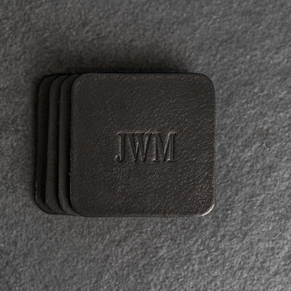 Ox & Pine Personalized Leather Coaster - Sold Individually or in Sets of 4 - Customize Inscription - 100% Full-Grain Leather – 4" Round or 4" Square (Square, Stone Natural, Set of 4 Coasters)