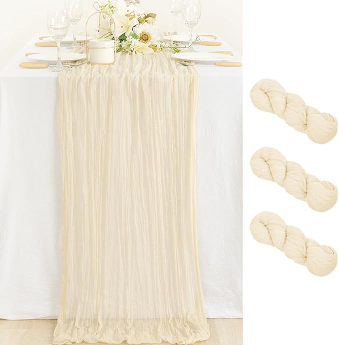 3 Pack Beige Cheesecloth Table Runner 10ft Boho Rustic Gauze Runner | by MLMC