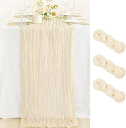 3 Pack Beige Cheesecloth Table Runner 10ft Boho Rustic Gauze Runner | by MLMC
