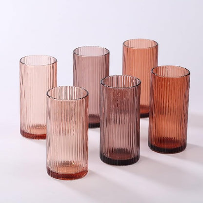 Physkoa 6 Piece 16oz Brown Ribbed Glassware Set | Vintage Drinking Glasses in by Physkoa