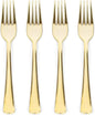 Prestee 100 Count Plastic Forks - 7" Heavy Duty Gold Plastic Silverware Utensils - Elegant, Disposable Gold Forks for Weddings, Parties, and Holidays - Fancy Flatware Set for Events and Catering