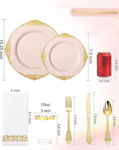Nervure 350Pcs Pink Plastic Plates, Plastic Dinnerware Set - Image 3
