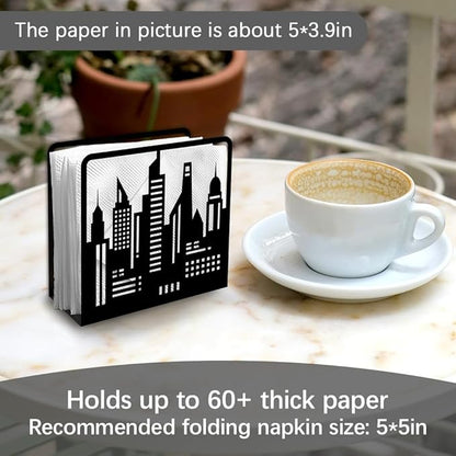 Skyline City Buildings Decorative Black Metal Napkin Holder for Table, 4.9" x 4.7" x 1.9" Skyscraper Standing Napkin Holder for Home Kitchen Restaurant Picnic Party Coffee Bar Dining Room