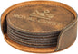 Custom Engraved Coasters | Personalized Leather Coaster | Set of 6 | Drink Coasters with Holder | Laser Engraved | Tabletop Protection | Gift for Couples (Round 4", Rustic w/Gold)