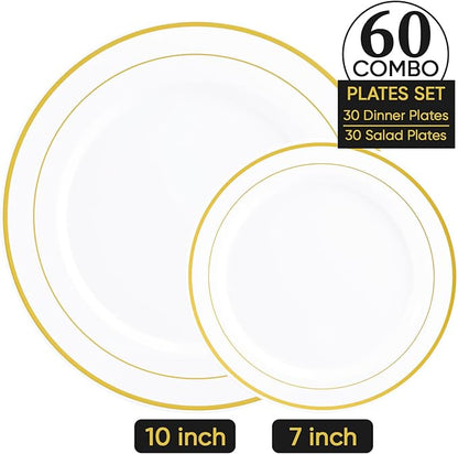 FOCUSLINE Gold Plastic Plates Set of 60, Disposable Plates with Gold Rim 30 Dinner Plates 10" and 30 Salad Dessert Appetizer Plate 7", Elegant Fancy Heavy Duty Wedding Party Plates