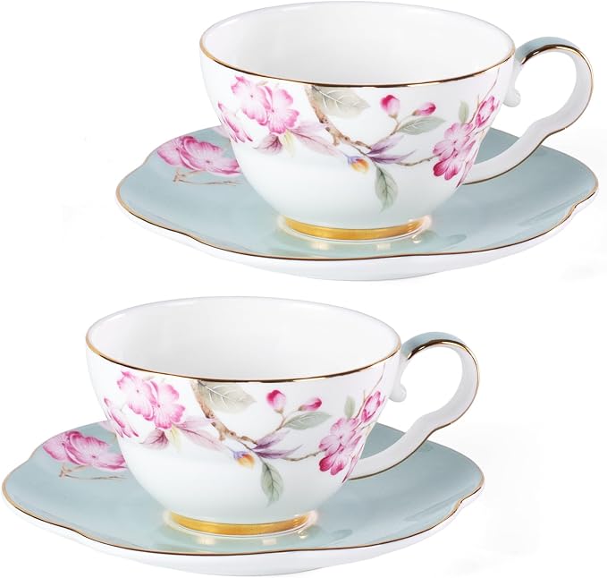 KAMMAK Tea Cups Set of 2, Ceramic Floral Pattern Demitasse Cup | Porcelain by KAMMAK