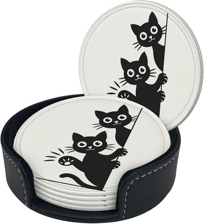 Cute Cats Coasters for Drinks Set of 6, Round Leather Coaster - Image 3