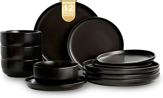 EWFEN Plates and Bowls Sets, 12 Pieces Ceramic Dinnerware Set by EWFEN