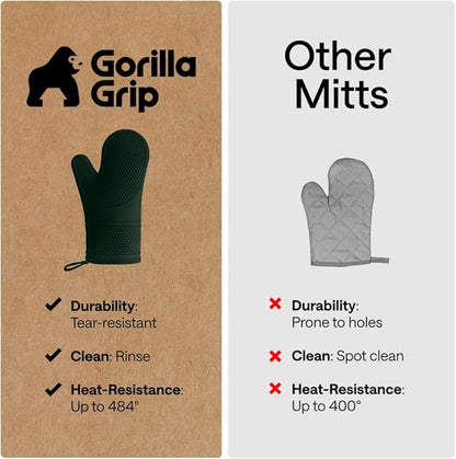 GORILLA GRIP BPA-Free Soft Silicone Oven Mitts, 14.5x8.3, Heat Resistant and Waterproof Cooking Gloves, Thick Cotton Lining, Flexible Gripping for Baking Grilling, Kitchen Potholders Set, Hunter Green