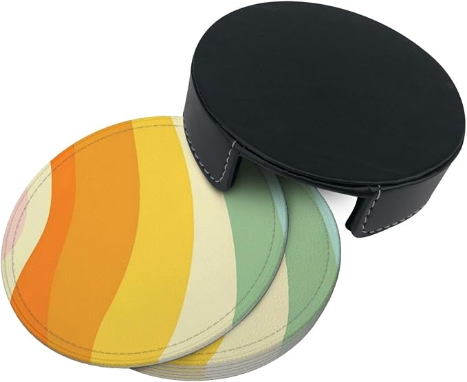 6 Pcs Groovy Retro 70s Style Cute Abstract Leather Coasters - Image 4