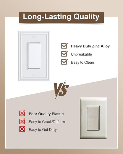 2-Pack Decorator Outlet Cover Plate, White Decorative Switch Plates and Outlet Covers, Durable Zinc Alloy Wall Plates for Electrical Outlets, Receptacle, GFCI Outlet, Dimmer Switch