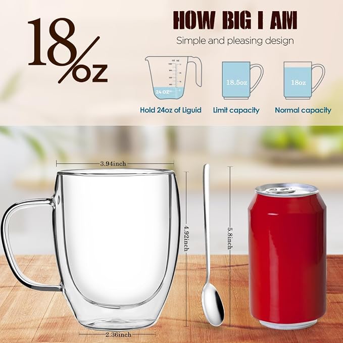 Double Walled Glass Coffee Mugs, 18oz Glass Coffee Cup Set of 2, Double - Image 3