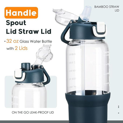 SIEROZUR 32 oz Glass Tumbler with Straw, Glass Water Bottles with 2 Lids-Handle Spout Lid & Straw Lid, 1 Liter Motivational Water Bottles, Silicone Sleeve, Fits Car Cup Holder,Dark Blue