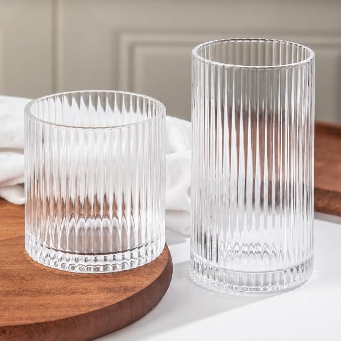 Ribbed Drinking Glasses 8pcs, 12oz and 10oz Glassware, Tumbler Glasses Cup Set by Lumkit