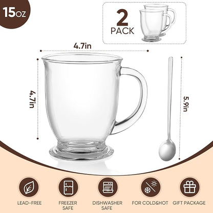 VENVENWEAVS Glass Coffee Mugs Set of 2, 15 OZ Lead-free Clear Coffee Cups - Image 4